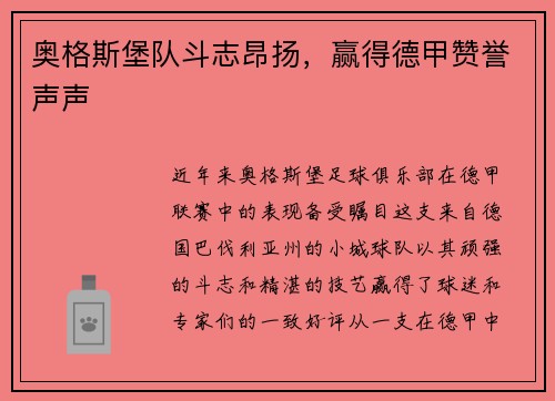 奥格斯堡队斗志昂扬，赢得德甲赞誉声声