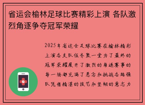 省运会榆林足球比赛精彩上演 各队激烈角逐争夺冠军荣耀